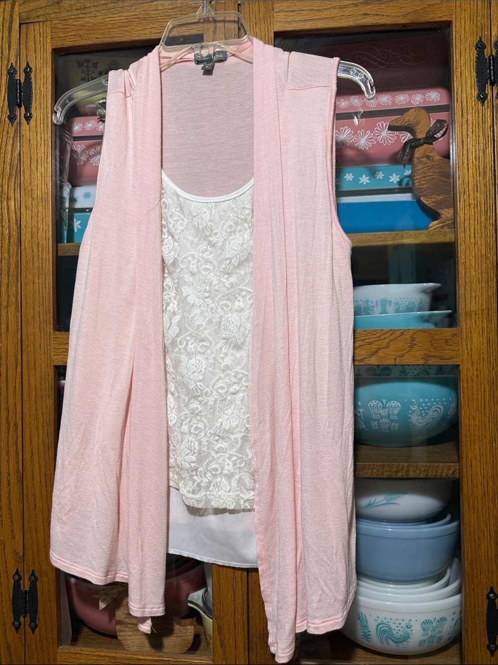Soft Pink Sleeveless Cardigan with Lace Tank